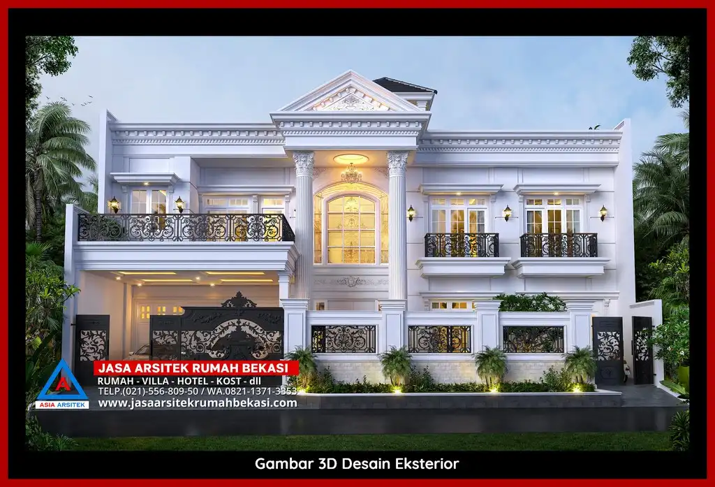 Jasa Desain Rumah 3D fasad rumah klasik mewah Gratis di Jaka Sampurna Bekasi dengan pilar megah dan detail elegan