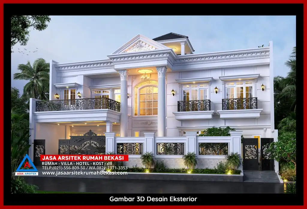 Jasa Desain Rumah 3D fasad rumah klasik mewah Gratis di Jaka Sampurna Bekasi dengan pilar megah dan detail elegan