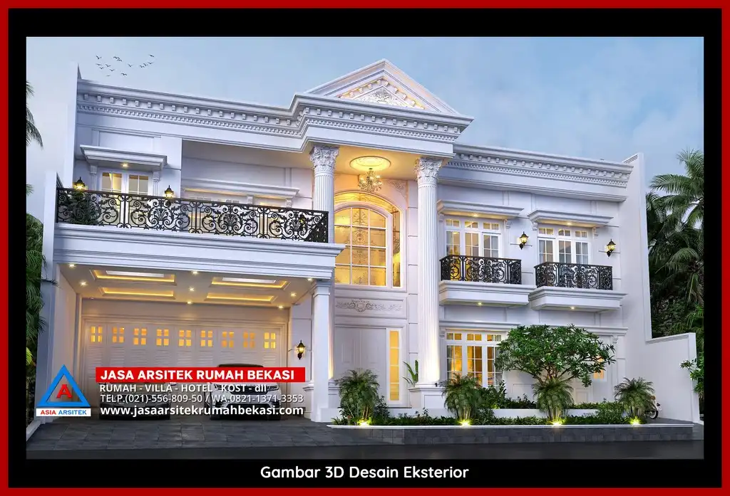 Jasa Desain Rumah 3D fasad rumah klasik mewah Gratis di Jaka Sampurna Bekasi dengan pilar megah dan detail elegan