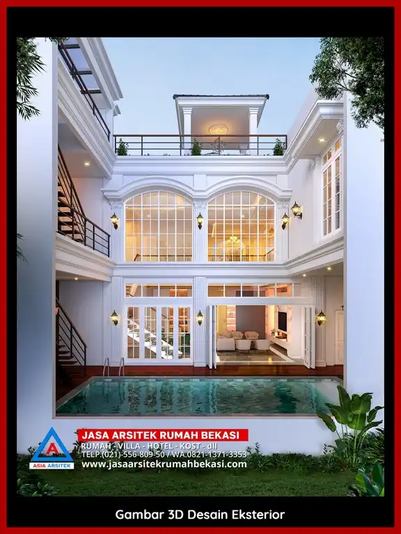 Jasa Desain Rumah 3D fasad rumah klasik mewah Gratis di Jaka Sampurna Bekasi dengan pilar megah dan detail elegan