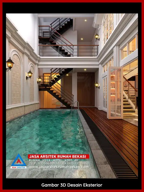 Jasa Desain Rumah 3D fasad rumah klasik mewah Gratis di Jaka Sampurna Bekasi dengan pilar megah dan detail elegan