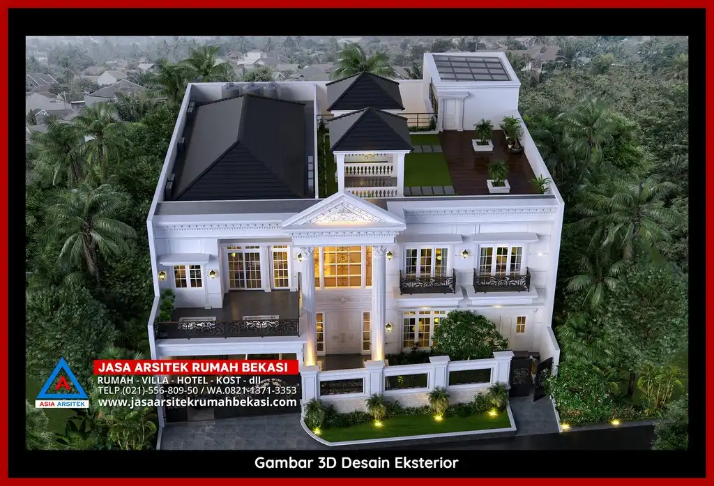 Jasa Desain Rumah 3D fasad rumah klasik mewah Gratis di Jaka Sampurna Bekasi dengan pilar megah dan detail elegan