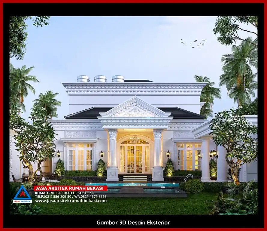 Visualisasi 3D Jasa Desain Gambar Arsitek Rumah Profesional di Bekasi bergaya mewah dengan ornamen mewah dan elegan