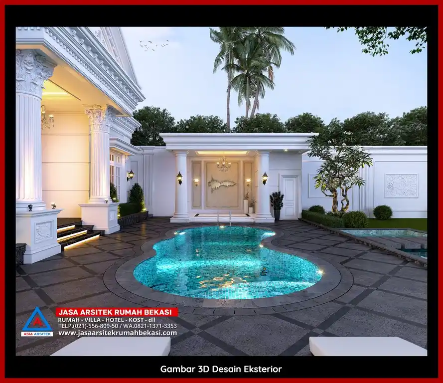 Visualisasi 3D Jasa Desain Gambar Arsitek Rumah Profesional di Bekasi bergaya mewah dengan ornamen mewah dan elegan