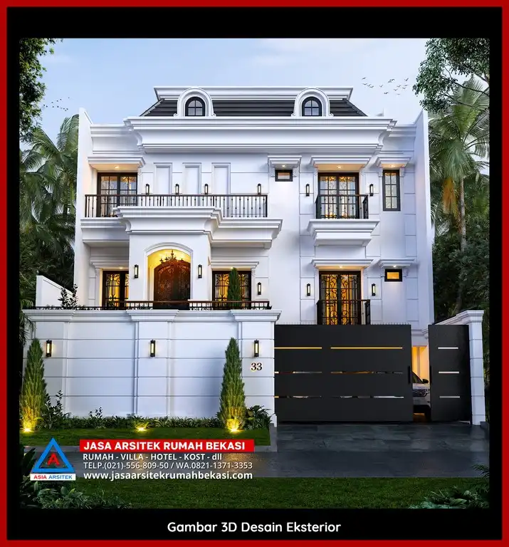 Jasa Gambar Rumah 3D fasad rumah Tropis mewah Gratis di Bekasi Selatan Terbaik dengan pilar megah dan detail elegan