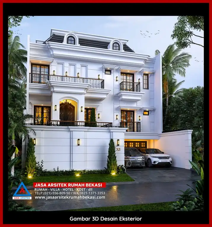 Jasa Gambar Rumah 3D fasad rumah Tropis mewah Gratis di Bekasi Selatan Terbaik dengan pilar megah dan detail elegan