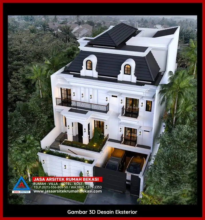 Jasa Gambar Rumah 3D fasad rumah Tropis mewah Gratis di Bekasi Selatan Terbaik dengan pilar megah dan detail elegan