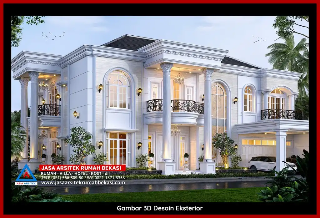 Jasa Gambar Rumah 3D fasad rumah klasik mewah Gratis di Bekasi dengan pilar megah dan detail elegan