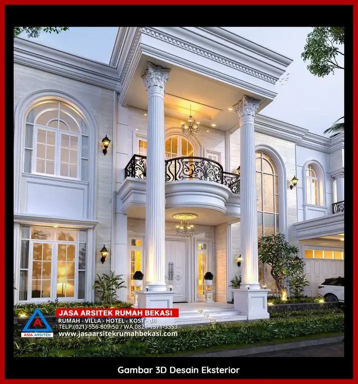 Jasa Gambar Rumah 3D fasad rumah klasik mewah Gratis di Bekasi dengan pilar megah dan detail elegan