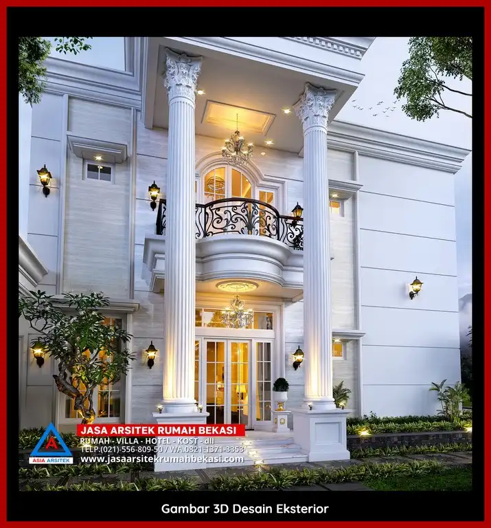Jasa Gambar Rumah 3D fasad rumah klasik mewah Gratis di Bekasi dengan pilar megah dan detail elegan