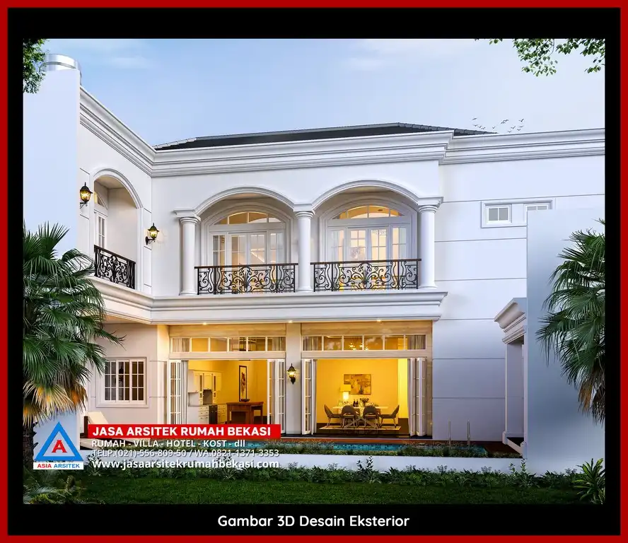 Jasa Gambar Rumah 3D fasad rumah klasik mewah Gratis di Bekasi dengan pilar megah dan detail elegan