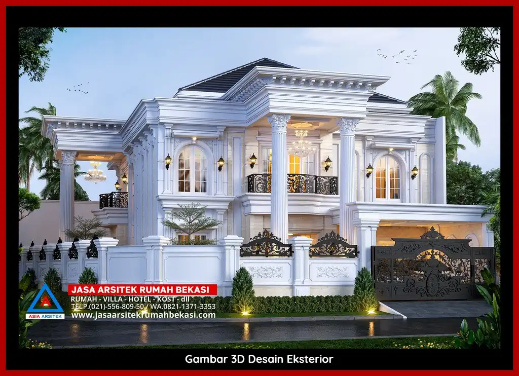 Jasa Konsultasi Gratis 3D fasad rumah klasik mewah di Jasa Arsitek Bekasi dengan pilar megah dan detail elegan