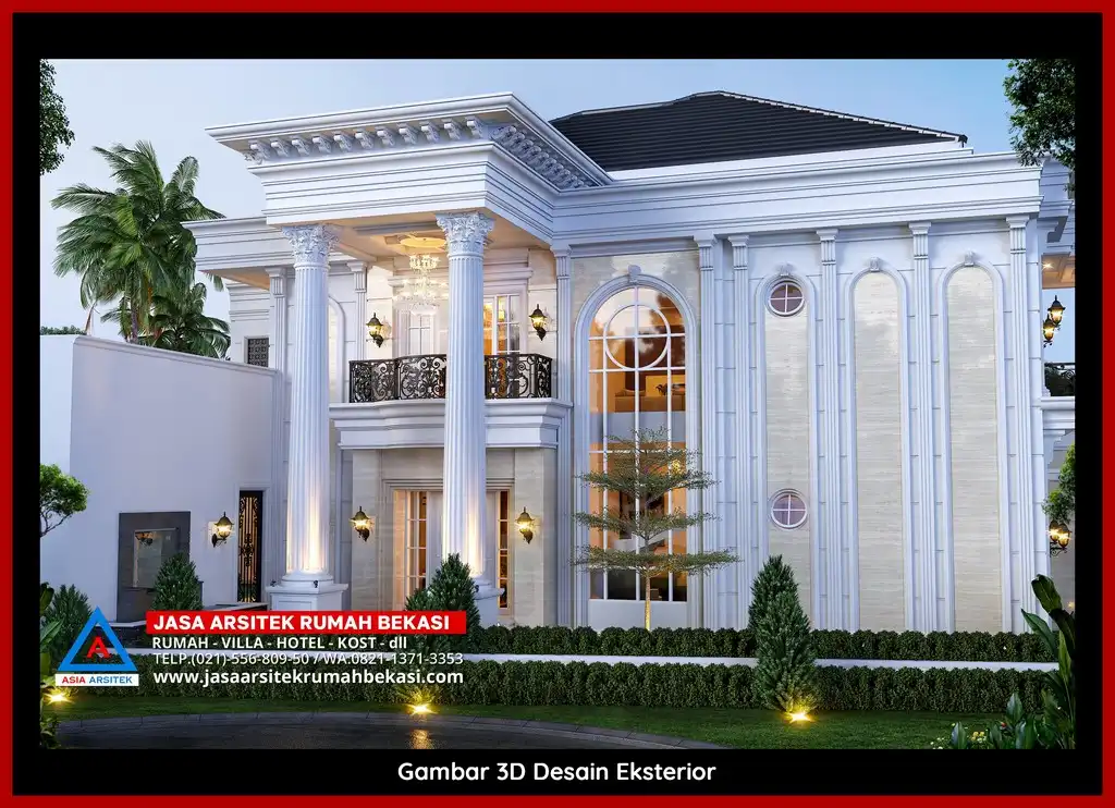 Jasa Konsultasi Gratis 3D fasad rumah klasik mewah di Jasa Arsitek Bekasi dengan pilar megah dan detail elegan