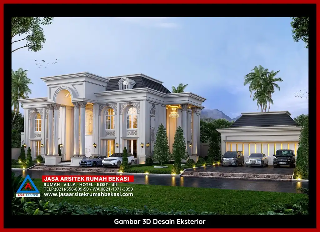 Rekomendasi Arsitek Rumah Bekasi Terpercaya Desain rumah klasik mewah di Bekasi dengan arsitektur elegan, pilar megah, dan detail artistik yang menawan, memberikan tampilan mewah dan eksklusif.