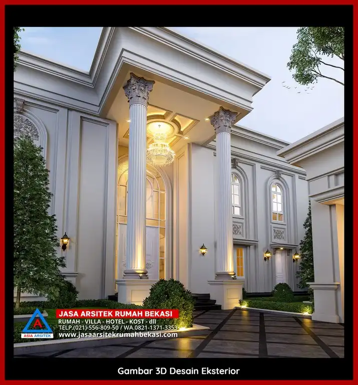 Rekomendasi Arsitek Rumah Bekasi Terpercaya Desain rumah klasik mewah di Bekasi dengan arsitektur elegan, pilar megah, dan detail artistik yang menawan, memberikan tampilan mewah dan eksklusif.