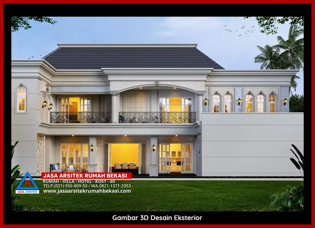Rekomendasi Arsitek Rumah Bekasi Terpercaya Desain rumah klasik mewah di Bekasi dengan arsitektur elegan, pilar megah, dan detail artistik yang menawan, memberikan tampilan mewah dan eksklusif.