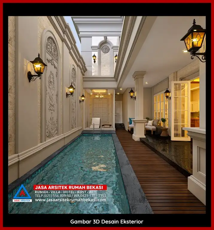 Rekomendasi Arsitek Rumah Bekasi Terpercaya Desain rumah klasik mewah di Bekasi dengan arsitektur elegan, pilar megah, dan detail artistik yang menawan, memberikan tampilan mewah dan eksklusif.