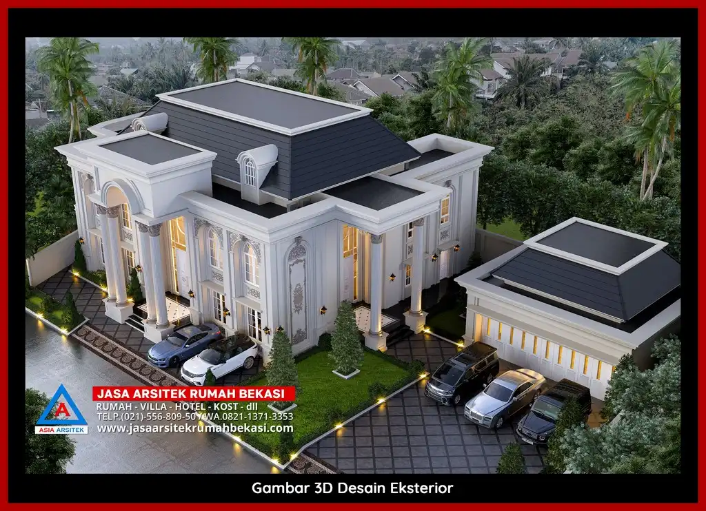 Rekomendasi Arsitek Rumah Bekasi Terpercaya Desain rumah klasik mewah di Bekasi dengan arsitektur elegan, pilar megah, dan detail artistik yang menawan, memberikan tampilan mewah dan eksklusif.