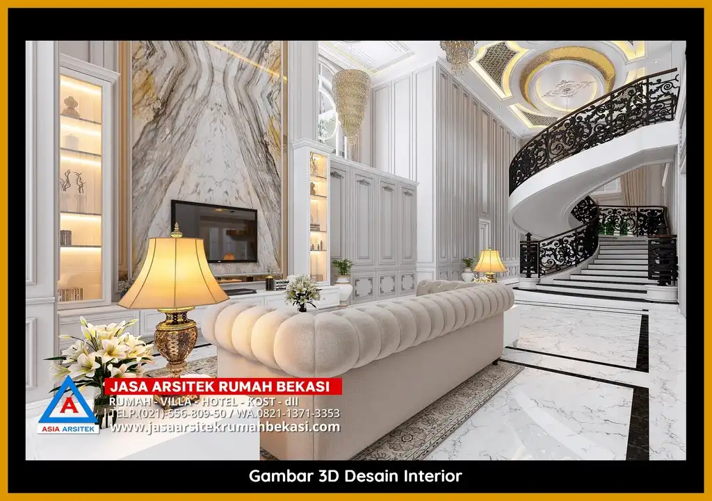 Rekomendasi Arsitek Rumah Bekasi Terpercaya Desain rumah klasik mewah di Bekasi dengan arsitektur elegan, pilar megah, dan detail artistik yang menawan, memberikan tampilan mewah dan eksklusif.