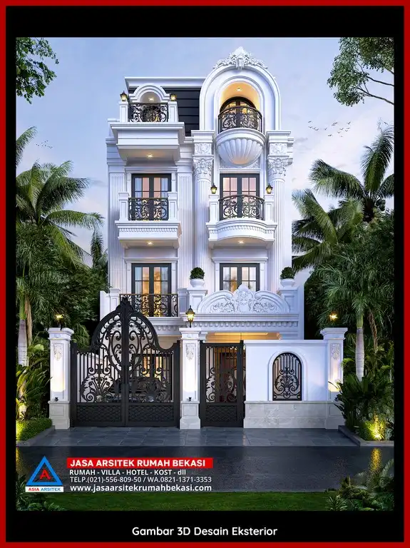 Rekomendasi Revisi Desain Rumah Tanpa Biaya Tambahan Bekasi Desain rumah klasik mewah dengan arsitektur elegan, pilar megah, dan detail artistik yang menawan, memberikan tampilan mewah dan eksklusif.