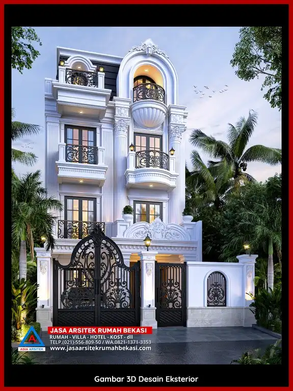 Rekomendasi Revisi Desain Rumah Tanpa Biaya Tambahan Bekasi Desain rumah klasik mewah dengan arsitektur elegan, pilar megah, dan detail artistik yang menawan, memberikan tampilan mewah dan eksklusif.