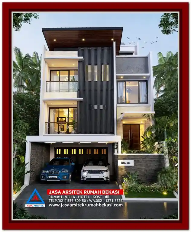 Fasad rumah minimalis 4 lantai bergaya modern tropis dengan aksen kayu dan kaca lebar