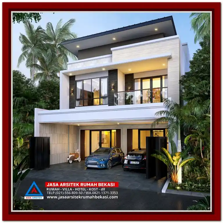 Fasad rumah minimalis 2 lantai dengan kombinasi batu alam, panel kayu, dan pencahayaan dramatis