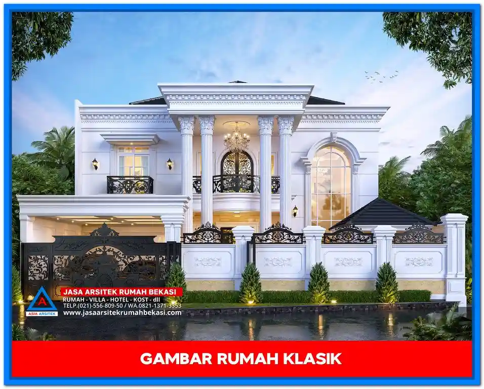 Biaya Gambar Rumah Klasik Terbaru dan Termurah – Contoh desain rumah klasik elegan dua lantai dengan sentuhan ornamen Eropa dan tampilan fasad simetris yang cocok untuk berbagai kebutuhan hunian.