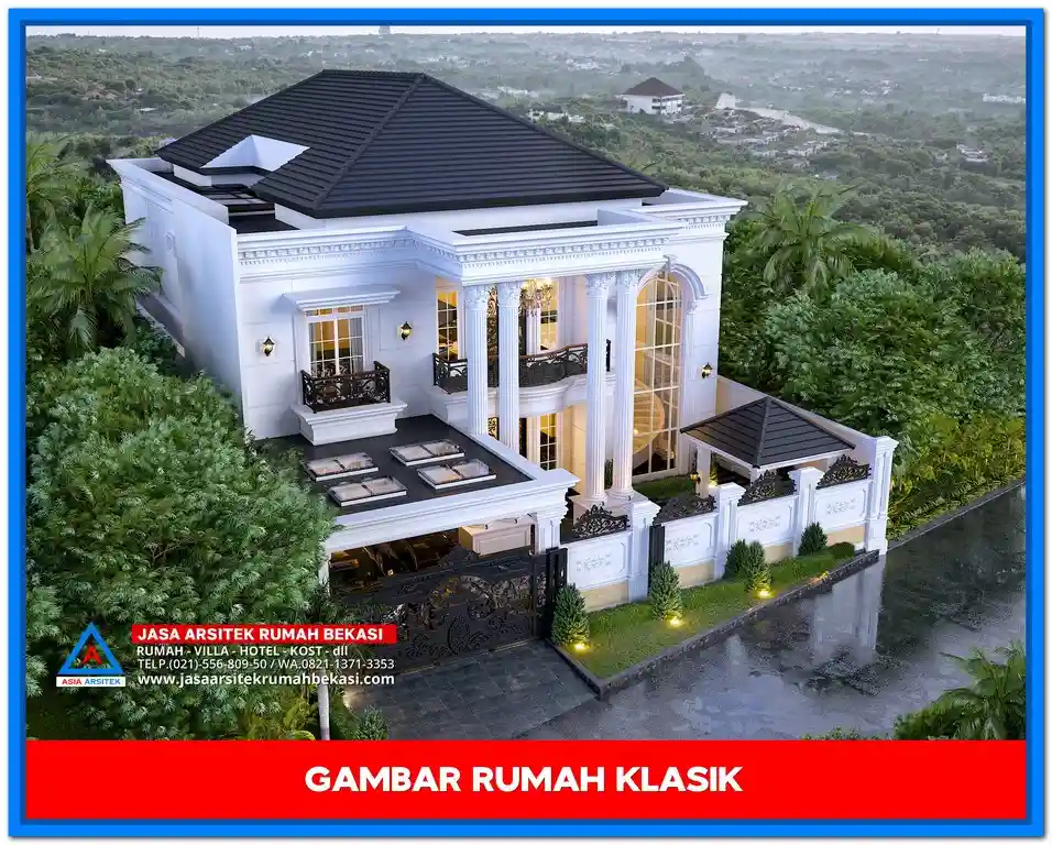 Biaya Gambar Rumah Klasik Terbaru dan Termurah – Contoh desain rumah klasik elegan dua lantai dengan sentuhan ornamen Eropa dan tampilan fasad simetris yang cocok untuk berbagai kebutuhan hunian.