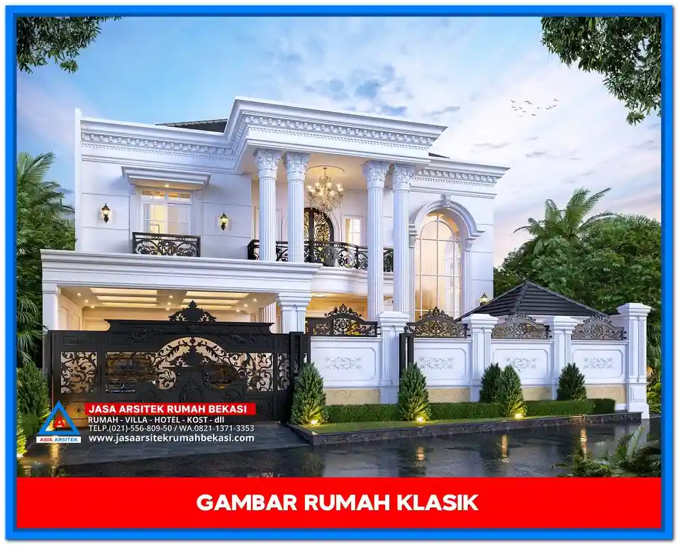 Biaya Gambar Rumah Klasik Terbaru dan Termurah – Contoh desain rumah klasik elegan dua lantai dengan sentuhan ornamen Eropa dan tampilan fasad simetris yang cocok untuk berbagai kebutuhan hunian.