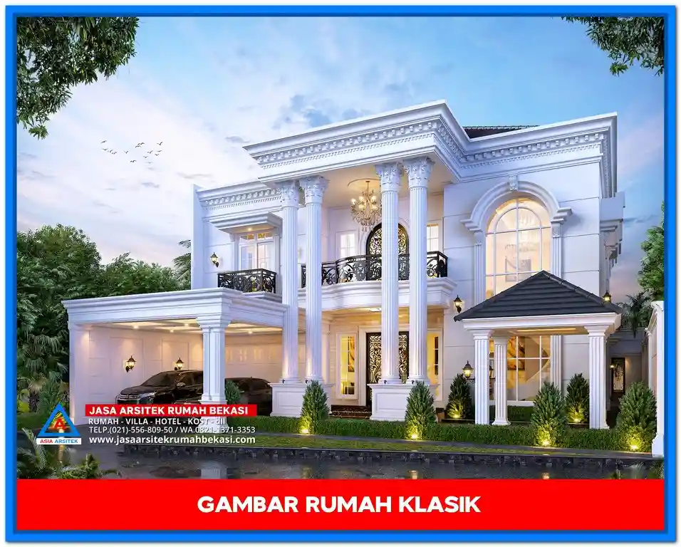 Biaya Gambar Rumah Klasik Terbaru dan Termurah – Contoh desain rumah klasik elegan dua lantai dengan sentuhan ornamen Eropa dan tampilan fasad simetris yang cocok untuk berbagai kebutuhan hunian.