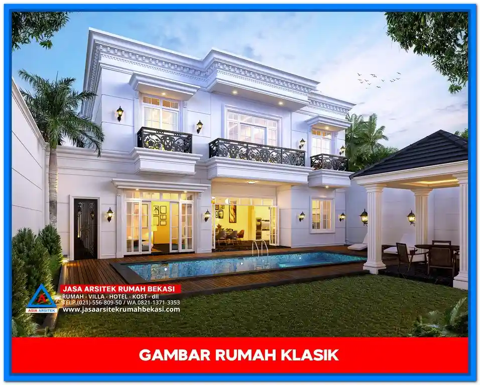 Biaya Gambar Rumah Klasik Terbaru dan Termurah – Contoh desain rumah klasik elegan dua lantai dengan sentuhan ornamen Eropa dan tampilan fasad simetris yang cocok untuk berbagai kebutuhan hunian.