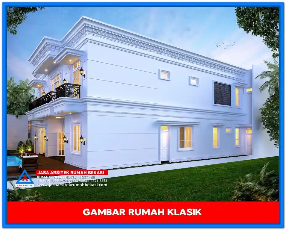 Biaya Gambar Rumah Klasik Terbaru dan Termurah – Contoh desain rumah klasik elegan dua lantai dengan sentuhan ornamen Eropa dan tampilan fasad simetris yang cocok untuk berbagai kebutuhan hunian.