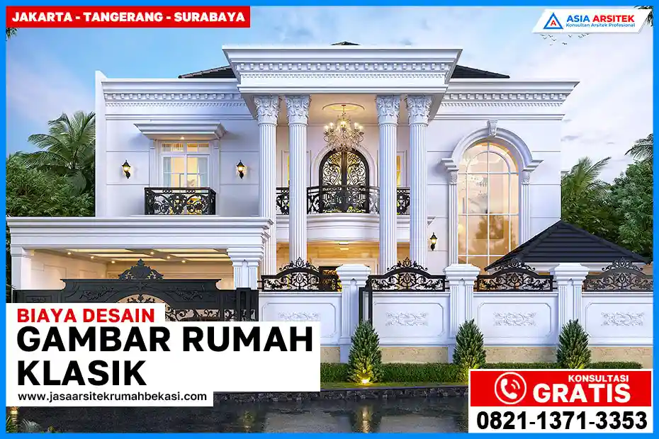 Biaya Gambar Rumah Klasik Terbaru dan Termurah – Contoh desain rumah klasik elegan dua lantai dengan sentuhan ornamen Eropa dan tampilan fasad simetris yang cocok untuk berbagai kebutuhan hunian.
