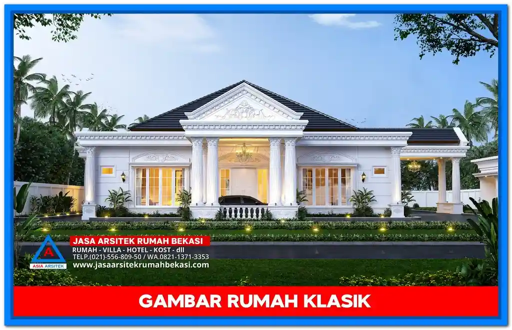 Contoh Gambar Rumah Klasik Modern Minimalis 5 Kamar Masa Kini – Rumah dua lantai bergaya klasik dengan sentuhan minimalis, dilengkapi lima kamar tidur, jendela lebar, pilar ramping, dan desain fasad yang elegan serta kekinian.