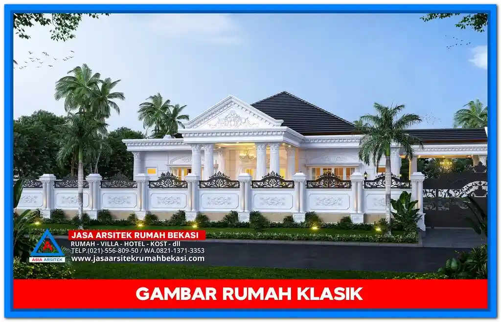 Contoh Gambar Rumah Klasik Modern Minimalis 5 Kamar Masa Kini – Rumah dua lantai bergaya klasik dengan sentuhan minimalis, dilengkapi lima kamar tidur, jendela lebar, pilar ramping, dan desain fasad yang elegan serta kekinian.