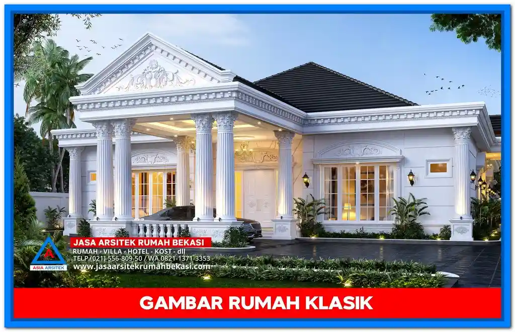 Contoh Gambar Rumah Klasik Modern Minimalis 5 Kamar Masa Kini – Rumah dua lantai bergaya klasik dengan sentuhan minimalis, dilengkapi lima kamar tidur, jendela lebar, pilar ramping, dan desain fasad yang elegan serta kekinian.