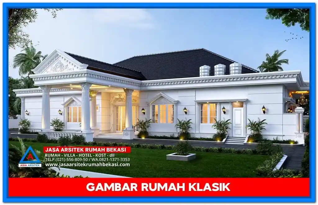 Contoh Gambar Rumah Klasik Modern Minimalis 5 Kamar Masa Kini – Rumah dua lantai bergaya klasik dengan sentuhan minimalis, dilengkapi lima kamar tidur, jendela lebar, pilar ramping, dan desain fasad yang elegan serta kekinian.