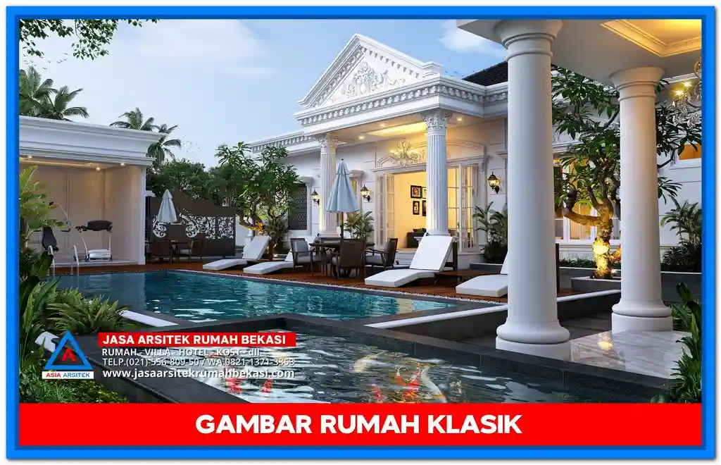 Contoh Gambar Rumah Klasik Modern Minimalis 5 Kamar Masa Kini – Rumah dua lantai bergaya klasik dengan sentuhan minimalis, dilengkapi lima kamar tidur, jendela lebar, pilar ramping, dan desain fasad yang elegan serta kekinian.
