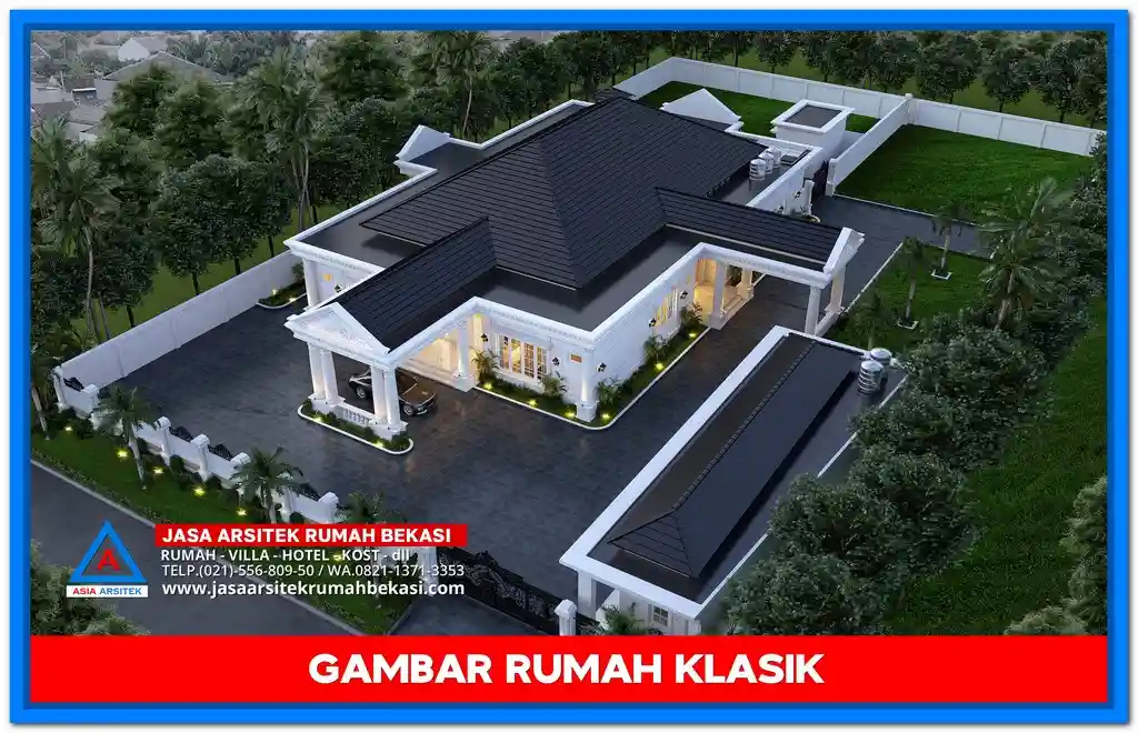Contoh Gambar Rumah Klasik Modern Minimalis 5 Kamar Masa Kini – Rumah dua lantai bergaya klasik dengan sentuhan minimalis, dilengkapi lima kamar tidur, jendela lebar, pilar ramping, dan desain fasad yang elegan serta kekinian.