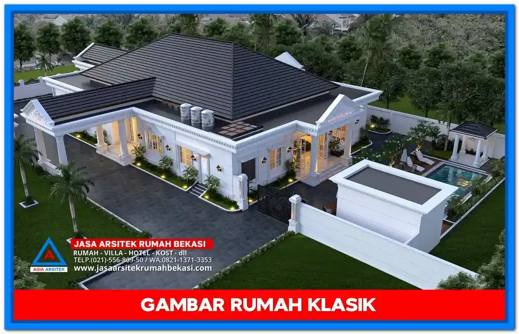Contoh Gambar Rumah Klasik Modern Minimalis 5 Kamar Masa Kini – Rumah dua lantai bergaya klasik dengan sentuhan minimalis, dilengkapi lima kamar tidur, jendela lebar, pilar ramping, dan desain fasad yang elegan serta kekinian.