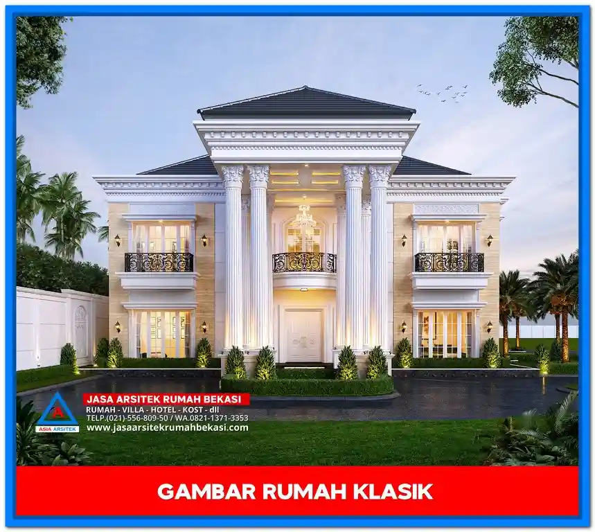 Desain Gambar Rumah Klasik Ala Amerika – Fasad rumah klasik bergaya Amerika dengan pilar besar, atap segitiga, dan tampilan simetris yang elegan dan berwibawa