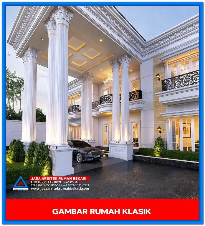 Desain Gambar Rumah Klasik Ala Amerika – Fasad rumah klasik bergaya Amerika dengan pilar besar, atap segitiga, dan tampilan simetris yang elegan dan berwibawa