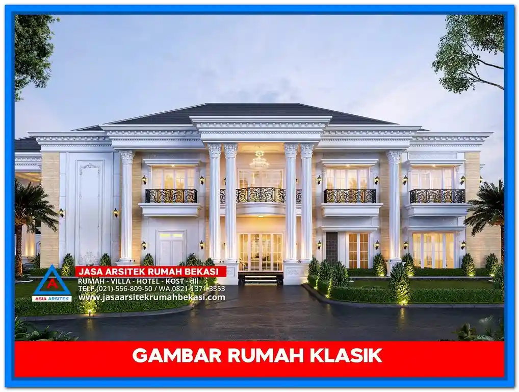 Desain Gambar Rumah Klasik Ala Amerika – Fasad rumah klasik bergaya Amerika dengan pilar besar, atap segitiga, dan tampilan simetris yang elegan dan berwibawa