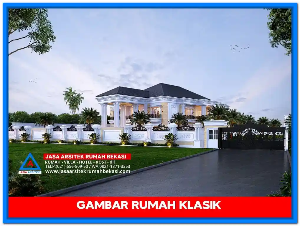 Desain Gambar Rumah Klasik Ala Amerika – Fasad rumah klasik bergaya Amerika dengan pilar besar, atap segitiga, dan tampilan simetris yang elegan dan berwibawa
