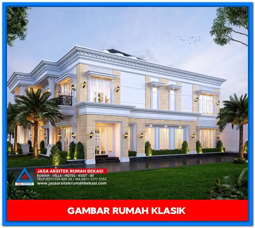 Desain Gambar Rumah Klasik Ala Amerika – Fasad rumah klasik bergaya Amerika dengan pilar besar, atap segitiga, dan tampilan simetris yang elegan dan berwibawa