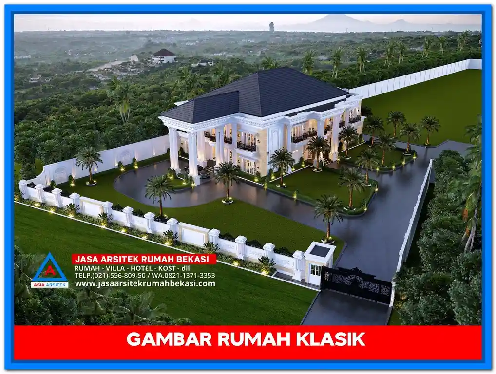 Desain Gambar Rumah Klasik Ala Amerika – Fasad rumah klasik bergaya Amerika dengan pilar besar, atap segitiga, dan tampilan simetris yang elegan dan berwibawa