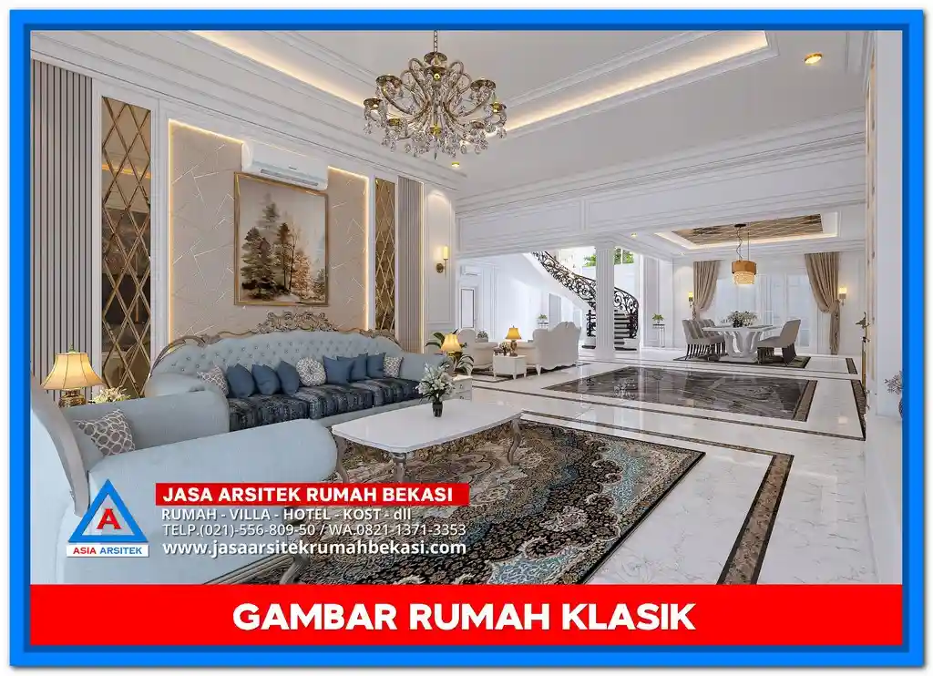 Desain Gambar Rumah Klasik Ala Amerika – Fasad rumah klasik bergaya Amerika dengan pilar besar, atap segitiga, dan tampilan simetris yang elegan dan berwibawa