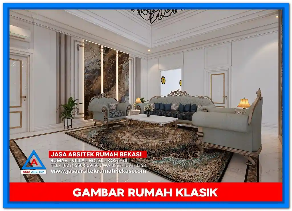 Desain Gambar Rumah Klasik Ala Amerika – Fasad rumah klasik bergaya Amerika dengan pilar besar, atap segitiga, dan tampilan simetris yang elegan dan berwibawa
