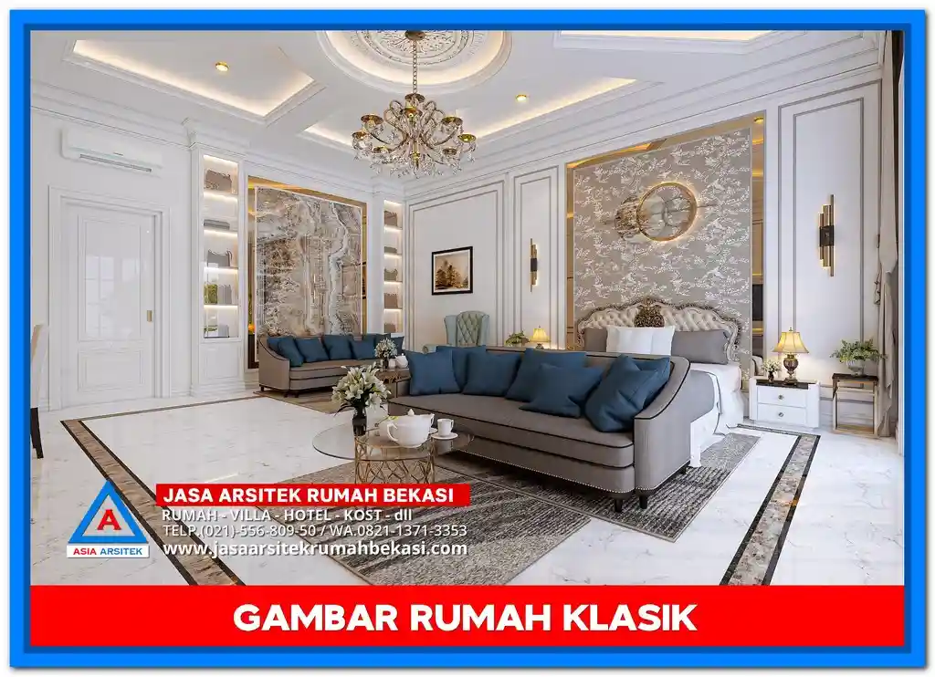 Desain Gambar Rumah Klasik Ala Amerika – Fasad rumah klasik bergaya Amerika dengan pilar besar, atap segitiga, dan tampilan simetris yang elegan dan berwibawa